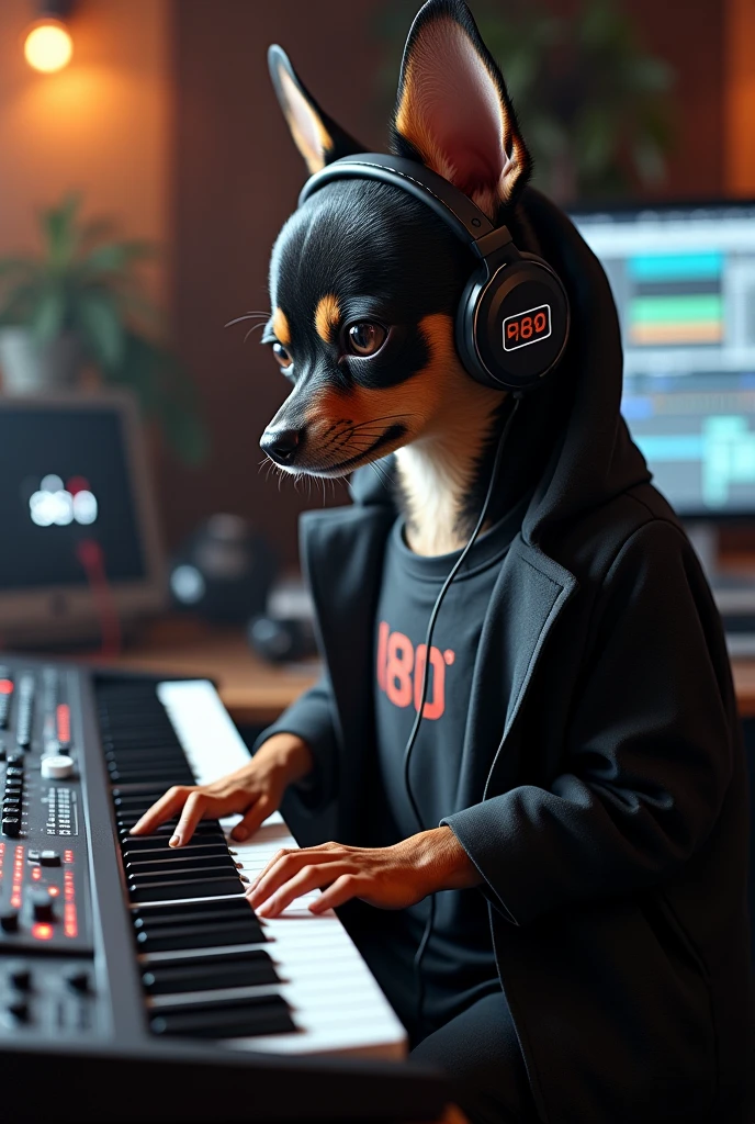 A humanoid black long-coated chihuahua playing a song in front of a professional AKAI 88 MPC MIDI keyboard ,Put on headphones,In a human-like T-shirt ..He is sitting in front of the screen、We know you use Image Line&#39;s FL Studio 20 as your preferred DAW.。.,He is an expert in music production and piano playing.....