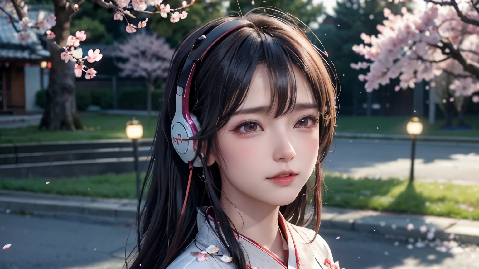 (Logo, Masterpiece, 8k, Tabletop, RAW Photo, Amazing, Top Quality, Photorealistic and Highly Detailed CG Integrated 8k Wallpaper, High Quality, Highly Detailed, Narrative Poetry, Particle Effects, Dynamic Effects, Character Boundary Depth, Cinematic lights, lens flares, ray tracing), fantasy, (single beautiful woman, white kimono, Japanese clothing, white cherry blossom pattern, white cherry blossom embroidery pattern, black hair, beautiful face, real face, beautiful eyes in detail, beautiful skin, long hair) Hair fluttering in the wind, long hair bouncing, long hair dancing in the wind), (cherry blossoms, cherry tree, cherry blossom petals dancing, cherry blossom blizzard, falling petals), hair fluttering in the wind, hair bouncing, pink cherry blossoms, Dancing petals, cherry blossom snowstorm, wonderful scenery, sunrise, background ((night, Starry Sky)), ((headphones, wearing headphones)), wind, gods, teeth, stories of gods, vast land