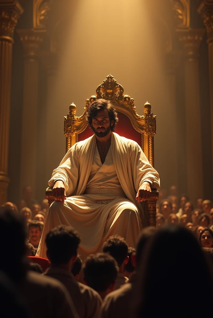 A man with dark hair and beard sitting In golden king chair in centre of people crowd men the man wearing white shirt and vesti  in night time yellow light performing in stage