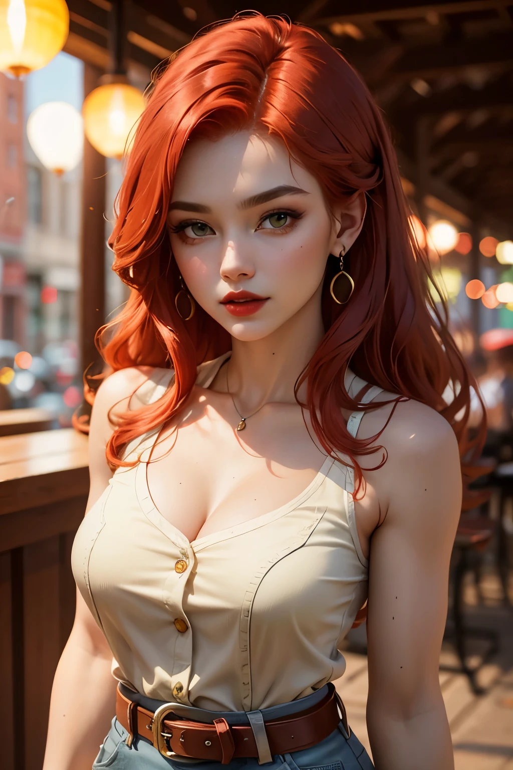 Goddess woman, red hair, red lipstick , cowboy shot, bokeh, close-up, seductive look, green sleeveless shirt, beige denim shorts, white belt, perfect body, 