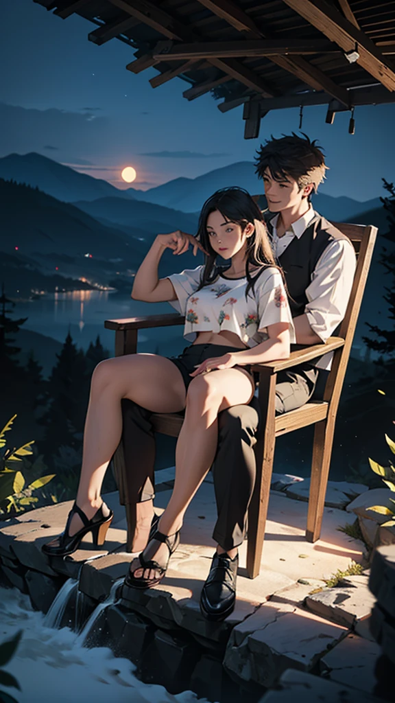 A young couple is sitting on a chair on top of a mountain and having a party. The woman is wearing printed underwear. Her hips are big. It is night. There are some trees nearby.