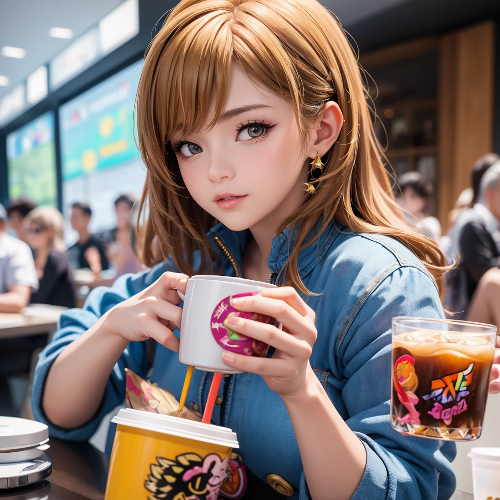 Woman in yellow jacket holding cup of coffee, extremely detailed Artgerm, anime girl drinks energy drink, Сенна из League of Legends, lovely Bridget from Overwatch, Bridget from Overwatch, ruan jia and Artgerm, trending Artgerm, Faye Valentine, like Artgerm, range murata and Artgerm, ig model | Artgerm