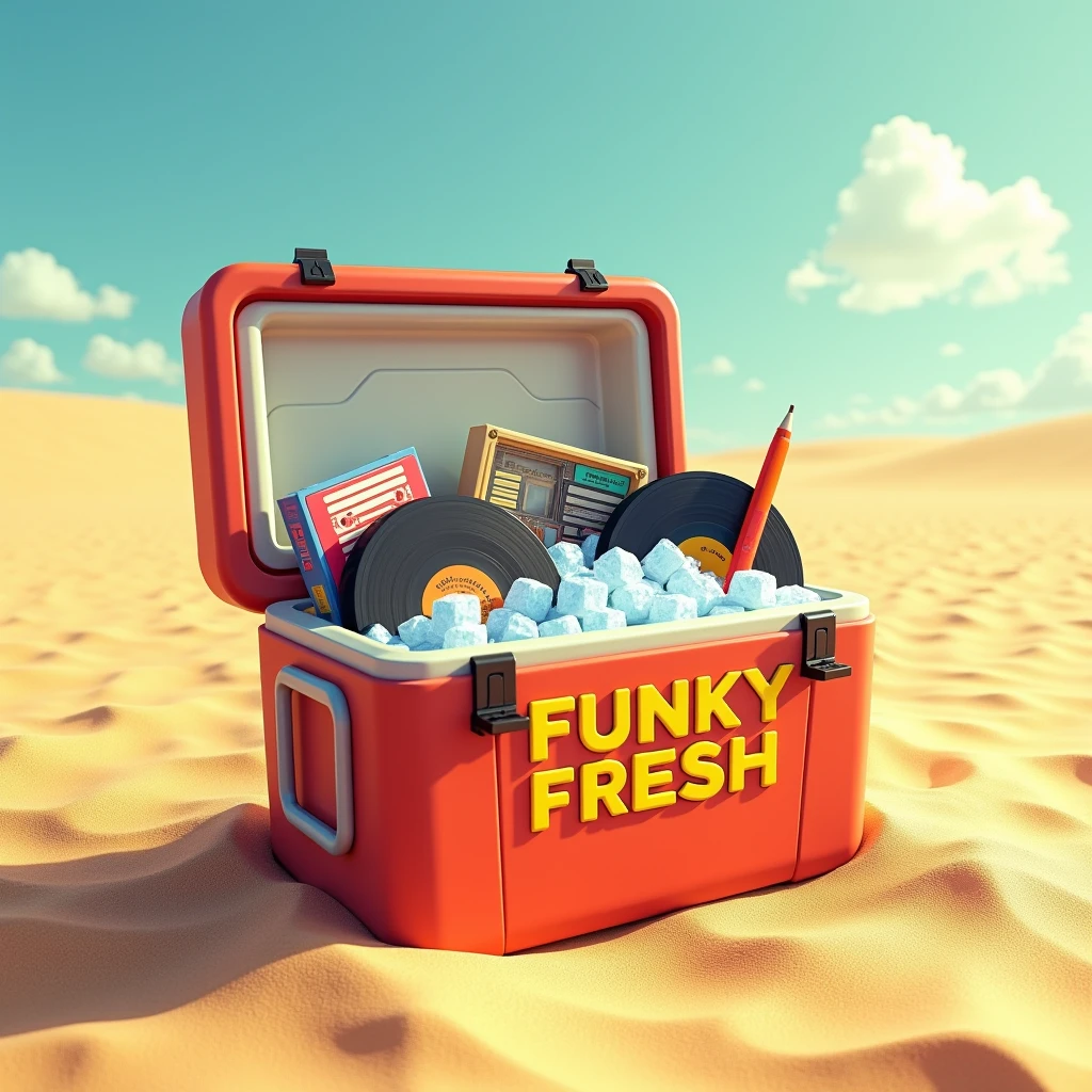 Style pixar, Une glacière de camping style 80's remplit de disques,de k7 et de Cd's et glaçons.Au milieu du sable et soleil . Écrire FUNKY FRESH sur la glacière