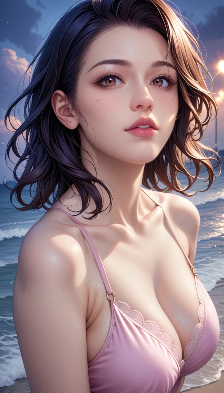 score_9, score_8_superior, score_7_superior, High resolution 3D anime style,A masterpiece in 32K resolution,Highest quality,it is really amazing,Very detailed,Ultra-high resolution,Ultra-realistic,Realistic,Increased depth of field,Cinematic lighting,
(Sexy mature Japan woman:1.2),
(black straight medium hair:1.1),(Ultra-detailed and beautiful face:1.1),(Calm and gentle look:1.1),Beautiful brown eyes,Translucent white skin,Realistic skin texture,Great proportions,
Elegant swimwear,
Summery design,Chic color scheme,Beautiful and delicate decoration,Detailed fabric texture,
(Dark overcast sky on a dull night:1.1),(Dark clouds filling the sky:1),(Thundercloud:1),Coastline at night,Stormy seas,(delay々A desolate sandy beach that continues:1),
(dramatic:1.1),(High angle:1.1),