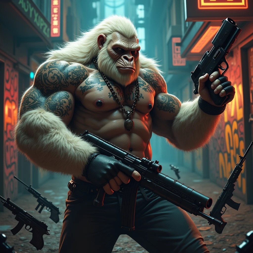 White ape gangster with gun, tattoos and guns on the back