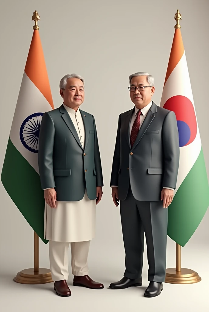 I want to be with Narendra Modi with Han Duck-soo
And you want Korea flag, Indian flag, adjust the background as per your choice, it should be a little purple and orange.