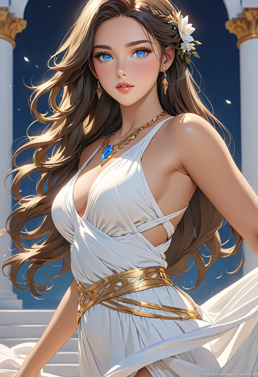 ((best quality)), ((artwork)), ((extremely detailed face)), ((perfect lighting)), ((extremely detailed CG)), ((perfect hands, perfect anatomy)), Sex/Gender= Female
Aliases= Dawnstar, Your Grace, Princess
Age= 20
Pronouns= Her/She
((Hair= Pure White, quite long, abundant))
((Eyes= Jewel Blue))
Features= Lean,curvy, ((lightly tanned skin)) , younger , exceedingly beautiful, delicate features, full lips
Height= 5'5"
Clothing= Long sleeveless white dress greek style, wide gold necklace around her body to the waist.]
