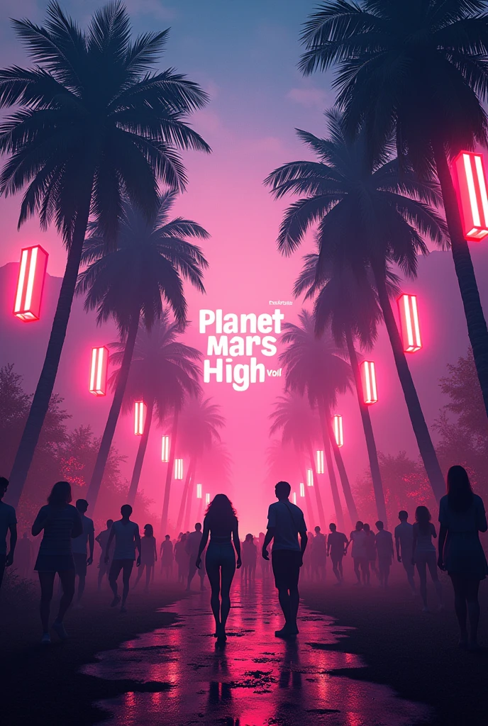 Create a party poster which has palm trees in the whole background with LED lights in rectangular form around it on planet mars and have exciting agers in a dark shade dancing and some relaxing on tree branches smoking and others as couples in the mix of dancing people.add a writing that says Planet Mars High vol.1 across the image
