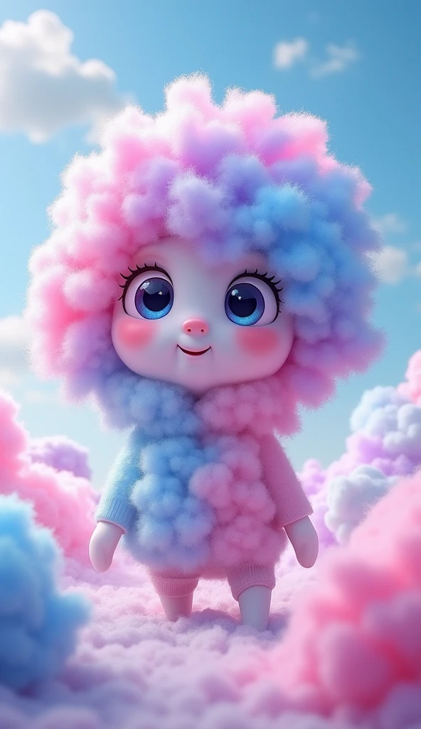 Make me a picture of an animated  made of cotton candy 