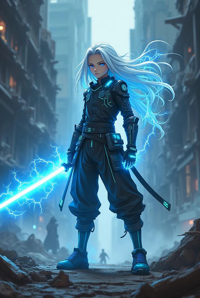 Create a boy with long white hair wielding a futuristic blue energy katana, with dark-colored cyberpunk clothing with turquoise details, His body is surrounded by cyan blue electrical energy ANIME VERSION in a destroyed city