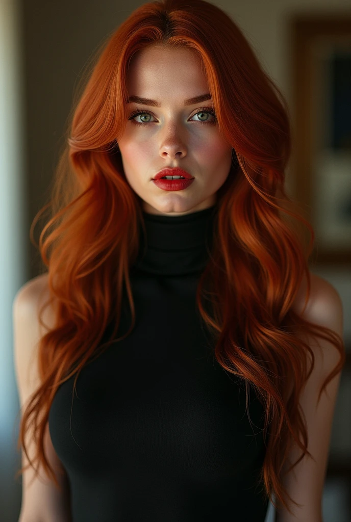 ultra realistic, photography, long red hair, girl, 24 years old, hourglass figure, perfect body, natural medium breasts, Flirty look, extremely detailed artgerm, in the style artgerm, facing the camera, lens 35 mm, blur background, masterpiece, super detailed, detailed face, beautiful eyes, detailed eyeshadow, lip details, red lipstick, full body, wavy hair, Wearing a black sheath dress, turtleneck, revealing legs, sexy legs, great cleavage, she is a femme fatale