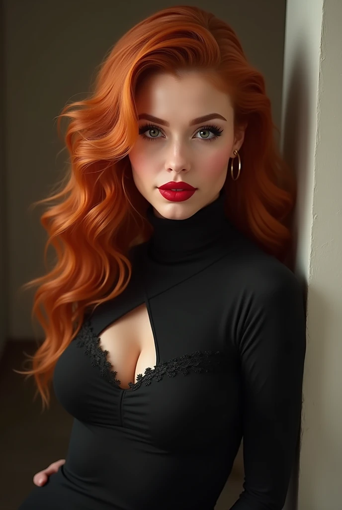 ultra realistic, photography, long red hair, girl, 24 years old, hourglass figure, perfect body, natural medium breasts, Flirty look, extremely detailed artgerm, in the style artgerm, facing the camera, lens 35 mm, blur background, masterpiece, super detailed, detailed face, beautiful eyes, detailed eyeshadow, lip details, red lipstick, full body, wavy hair, Wearing a black sheath dress, turtleneck, revealing legs, sexy legs, great cleavage, she is a femme fatale