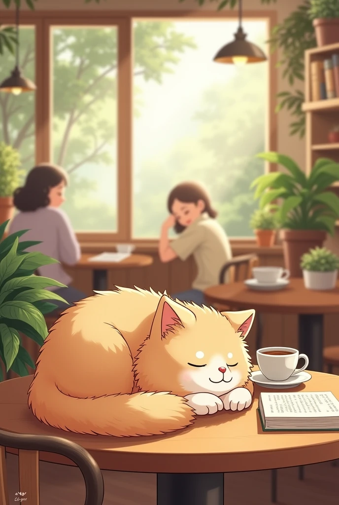 With animation style illustrations、Please draw a cat relaxing in a cafe.。The cat has fluffy fur、Has a relaxed look。The interior of the cafe、Wooden table and chairs、The warm atmosphere is created by potted plants.。The soft sunlight pours in through the window.、The entire cafe is bathed in a pleasant light.。The cat is sleeping curled up on the table、There are coffee cups and books around it.。In the background, other cafe patrons are seen having a good time.。