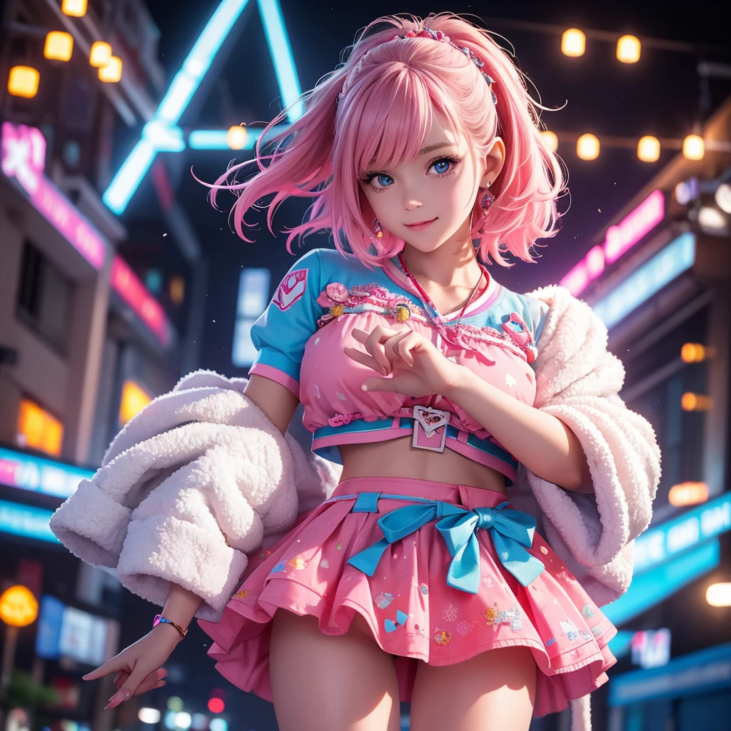 1 girl,cowboy shot, beautiful Nora_Valkyrie, I look at the viewer, smile, short hair, Blue eyes,heart cutout, gloves,  Jacket, pink skirt, Pink Belt, Short sleeves, puffy sleeves, Single bandage, fingerless gloves, orange hair, pink gloves, dynamic pose, night, on open air, city, (Volumetric lighting), Best quality, masterpiece, complex parts, tone mapping, Sharp Focus, hyper detailed, trending on artstation,