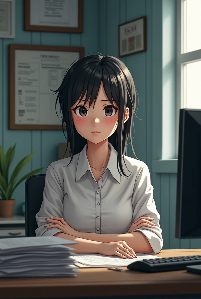 Mousumi in a modest office setting, working at a desk with stacks of paperwork and a computer, looking a bit worn out.