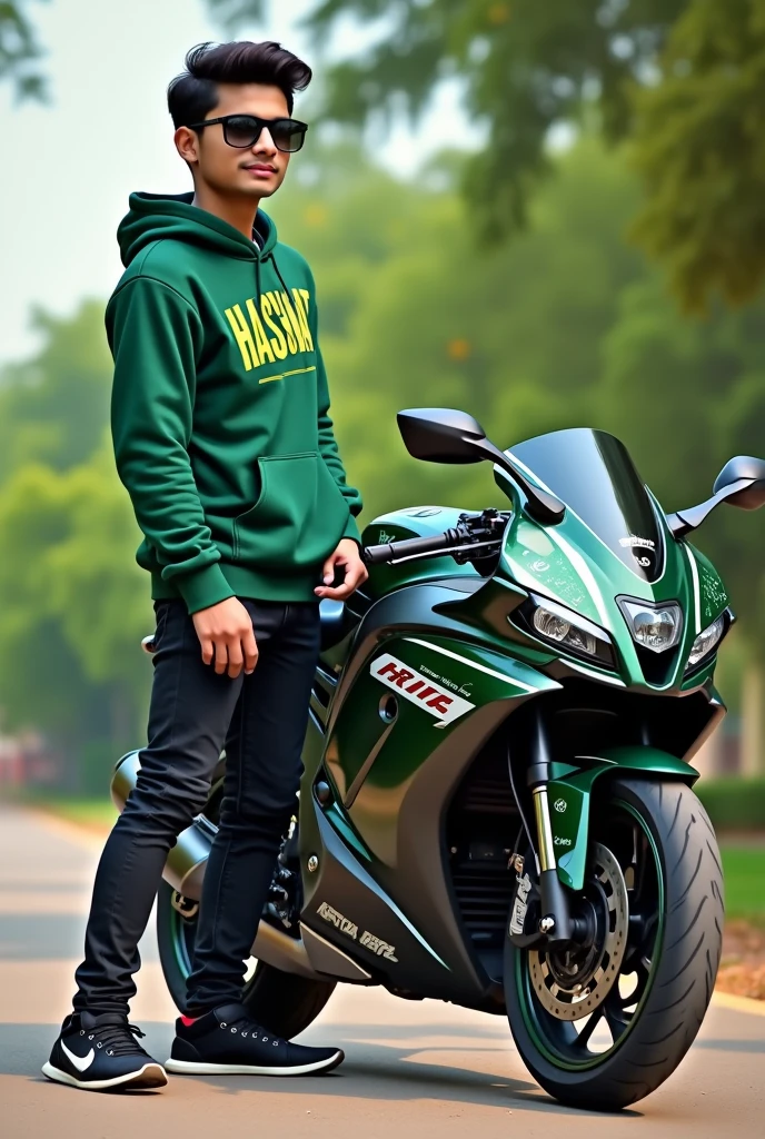 Create 3D illusion for a profile picture where a 23-Year-old cute boy in a GREEN hoodie with write name "HASNAT" in front don't overlaps text, stand beside casually on a Pakistani Colored Green and white GSX-R1000, Wearing black sneakers, and sunglasses, he looke ahead with Pakistani flag in his bike, The background features is beautiful park.