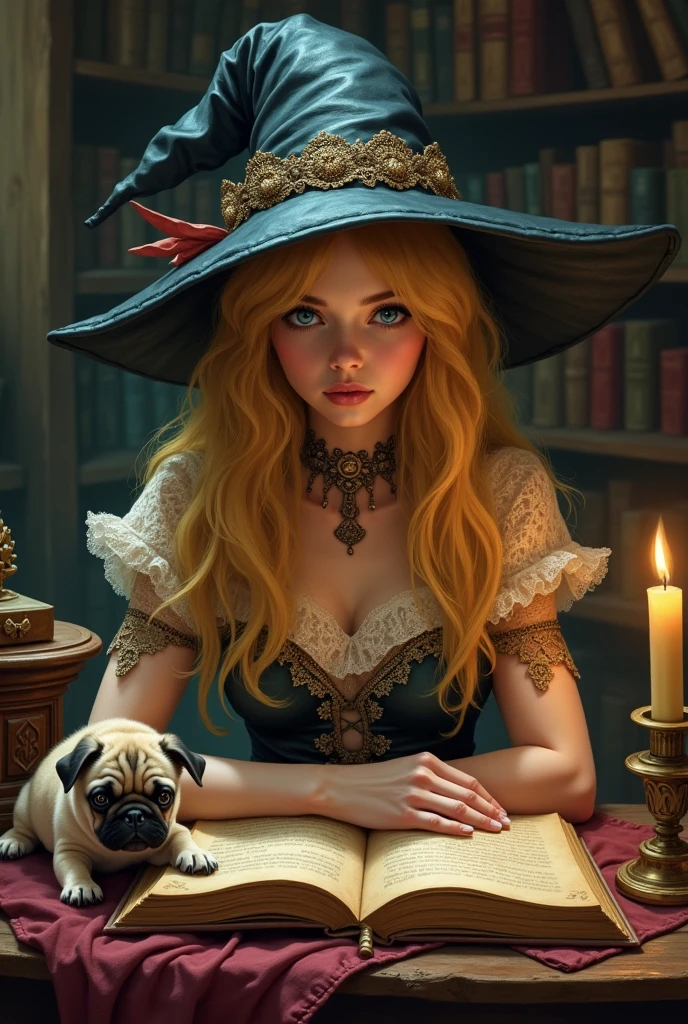 blonde witch , by the lace, cap, book and a pug