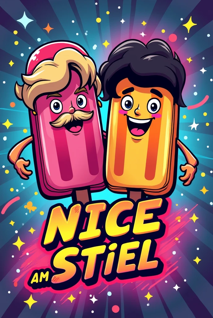 I need a significant logo for a YouTube channel which contains topics like movies, action figures, cosplays, video games and pop culture. the name of channel is NICE AM STIEL which is a german pun for a popsicle which means EIS AM STIEL in german. please visualize a proper logo with the likeness of a popsicle and everything I mentioned in the description. Be sure that the logo looks like two 80's characters like the main protagonists from MIAMI VICE - made them out of popsicle, one Male has a mustache, a Mullet and a light skin tone and the other Male has slightly longer black hair and a brown skin tone but most importantly the Logo as to feature the name NICE AM STIEL put the Names "Randy Paradise & Corey Walkman" above that characters be sure that the characters ar two males and DO NOT miss out the popsicle theme