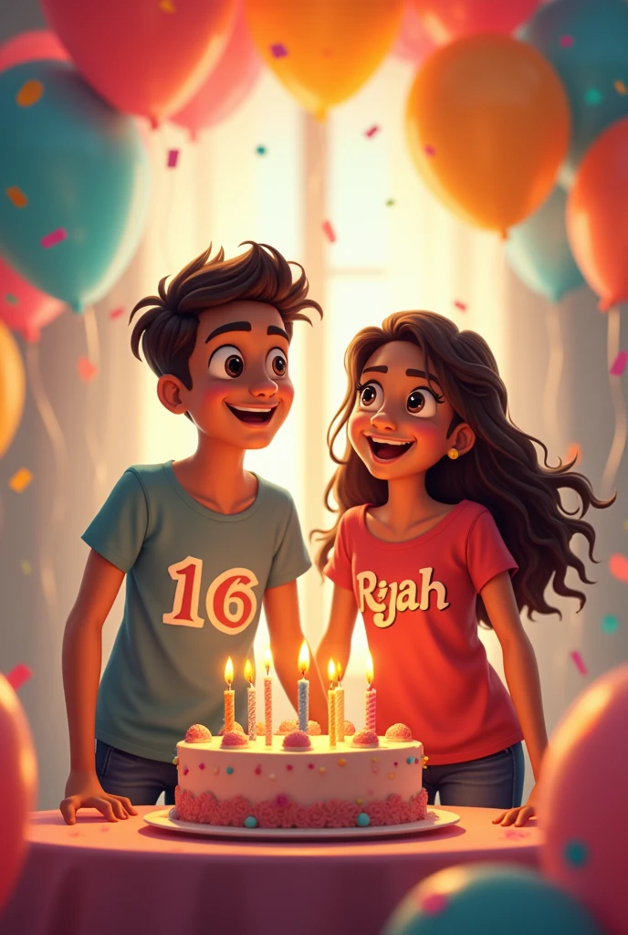 A 16 year boy celebrating it's birthday his name is rishab who is handsome with cake and lots of balloons and decoration with her sister .name of the boy is written on tshirt as "Rishab" as well as on sister's tshirt as "Kajal"