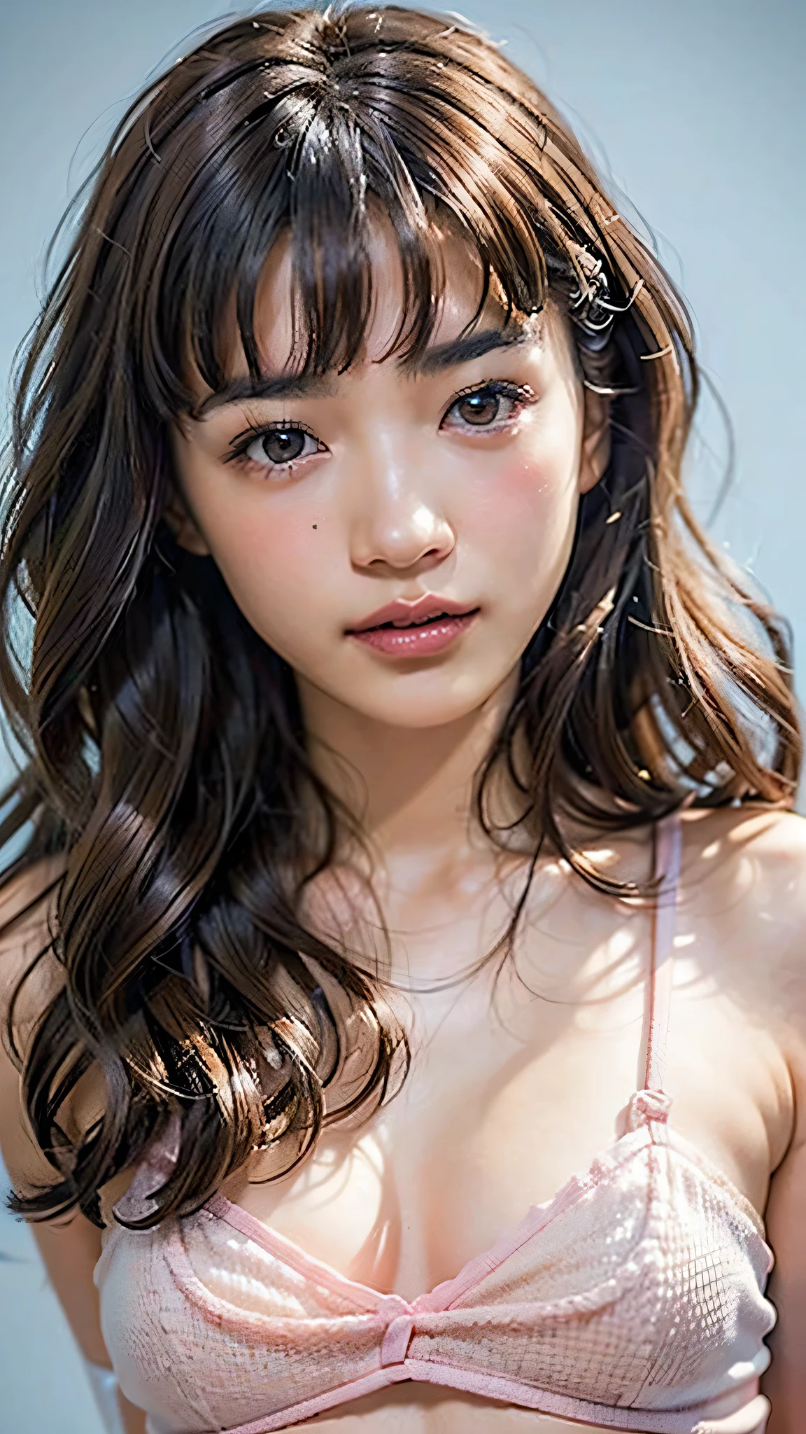 ((NSFW)), (Simple Background, Dull Blue Background:1.4), full body, (whole body), beautiful girl, ((brown eyes)), (18 year old age girl), light brown hair color, ((big tits)), (complete closed mouth), lips, realistic, (slim face), ((skinny)), charming, pink lipstick, colorful makeup, long eyelashes, wearing eyeliner, fair skin, (cute), (detailed face), detailed eyes, detailed iris, complete naked,