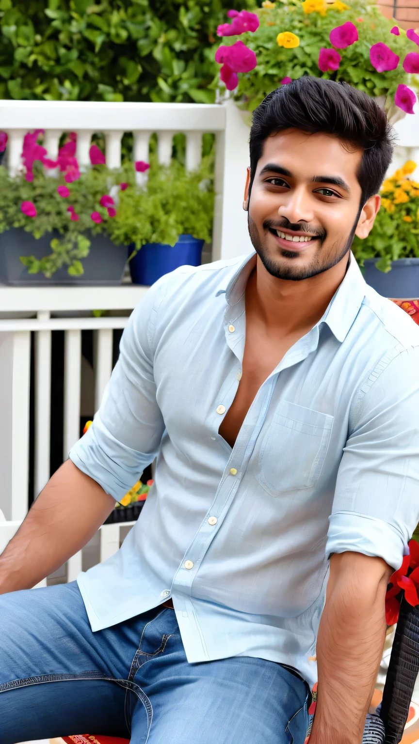 A sexy and handsome indian man, sitting on a chair in a beautiful balcony, flower pots, soft smile, casual unbuttoned shirt, tits, handsome face