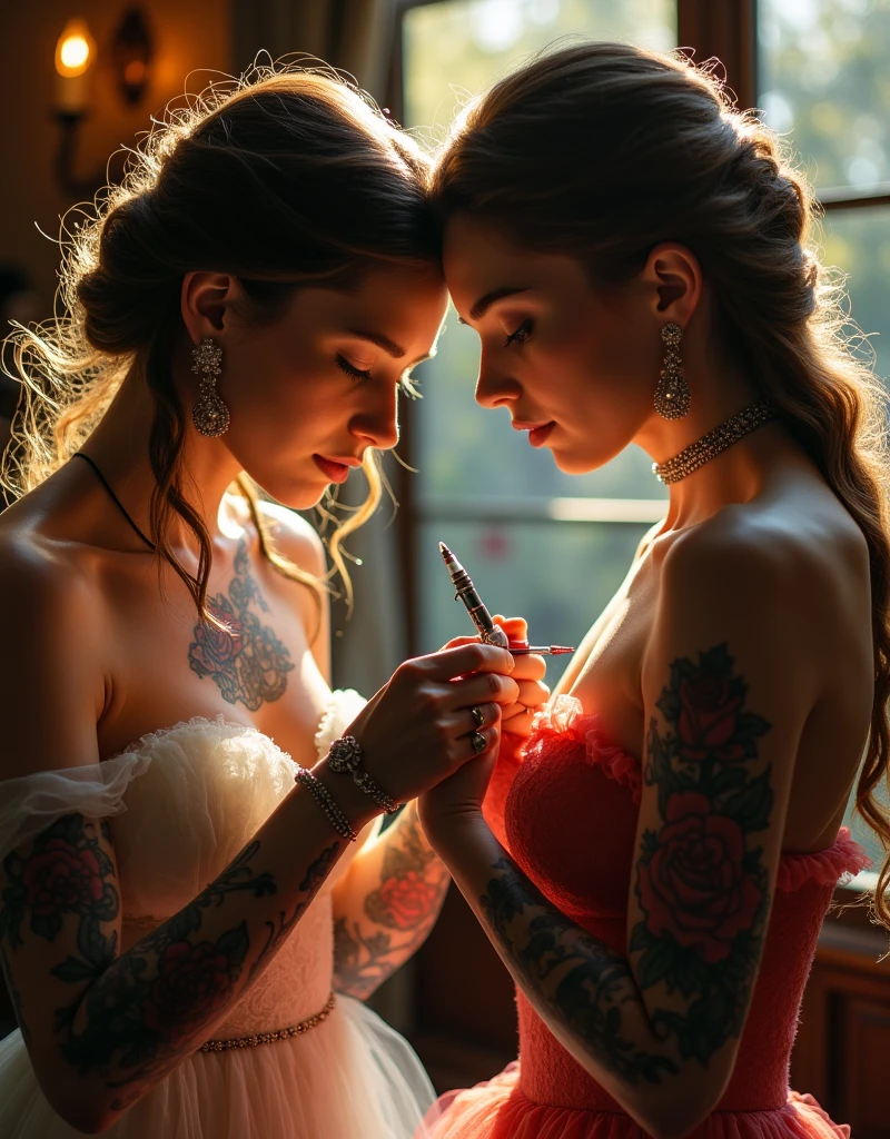 ((tattooed princesses:1.5)), ((elegant gowns)), intricate rose tattoos on arms, princess giving a tattoo, intense focus, ((vintage tattoo parlor setting)), soft golden light with gentle bokeh, ((detailed jewelry:1.3)), flowing hair with delicate highlights, ((realistic skin textures)), ((high detail:1.5)), ((UHD:1.5)), ((8K:1.6)), by ((Greg Rutkowski:1.3)), ((Loish)), ((high quality:1.6)), ((masterpiece:1.6)), BREAK ((intimate close-up shot)), ((soft cinematic lighting)), ((shallow depth of field))