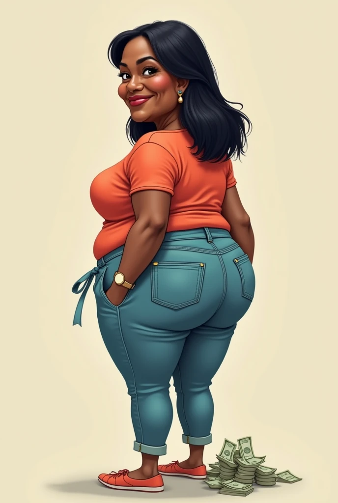 caricature of a 60 year old Brazilian woman, black woman with straight hair down to her shoulders, thin but with a big butt turned a little to the side and with her pants pockets full of money, jumping money