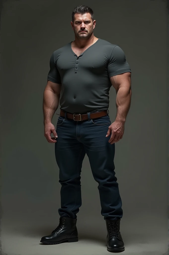 Pavel was dressed casually, but still looked quite intimidating. He wore a dark grey shirt that looked a little tight around his upper body, leaving a muscular outline on it, and a pair of dark blue jeans. On his feet, he wore a pair of black military-style boots.