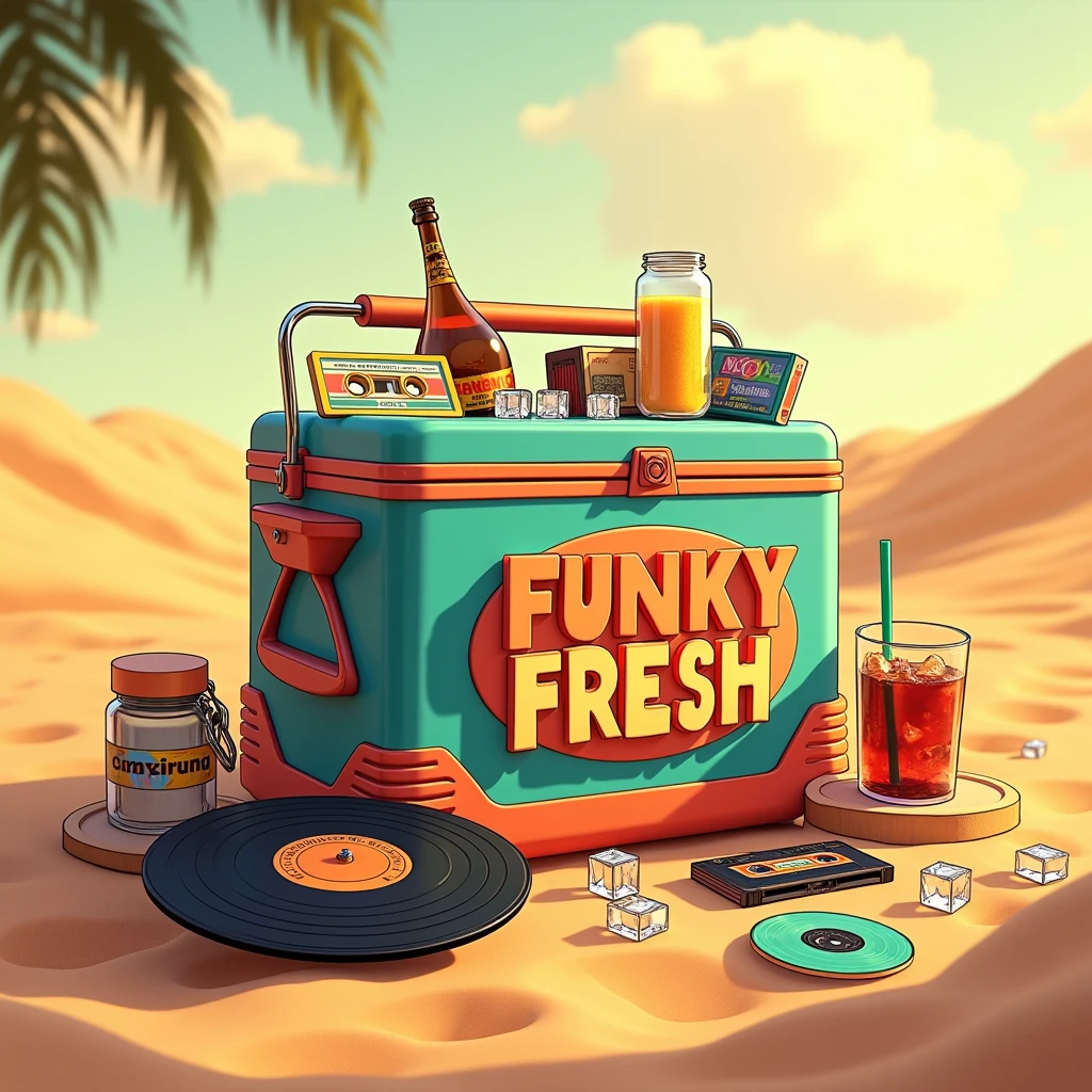 Style pixar, Une glacière de camping style 80's remplit de disques,de k7 et de Cd's et glaçons.Au milieu du sable et soleil . Écrire FUNKY FRESH sur la glacière