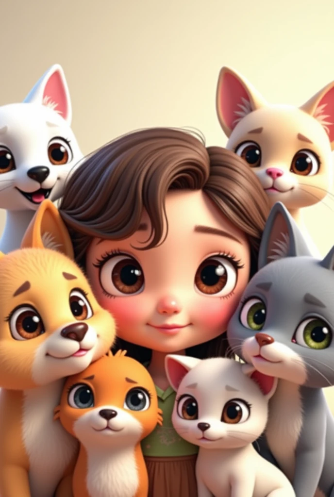 ((First put a girl with brown wavy hair combed to one side, slightly broad forehead and large brown eyes, Medium mouth with the lower lip slightly larger than the upper lip, chubby with slightly pink cheeks and short neck, with a wide texture) (Second, put a white but flat poodle with ears that go from white to very light brown.) (Third, put a light gray cat with white that goes from the eyes like a line and expands throughout the snout., with a pink nose and not so clear green eyes) (Fourth, put a small, short-haired, white Chihuahua with a brown spot around just one eye) (all animated)