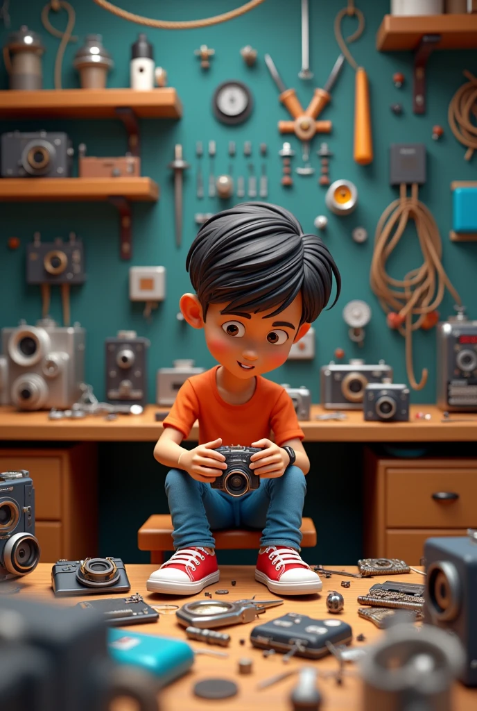 35mm film photography, Create a 3D illustration of an animated boy character sitting on a chair and working on table electronics such as repairing electronic scrubs and The character must wear casual modern clothing such as jeans and sneakers shoes. The background of the image is a  based on electronic tools and equipments 