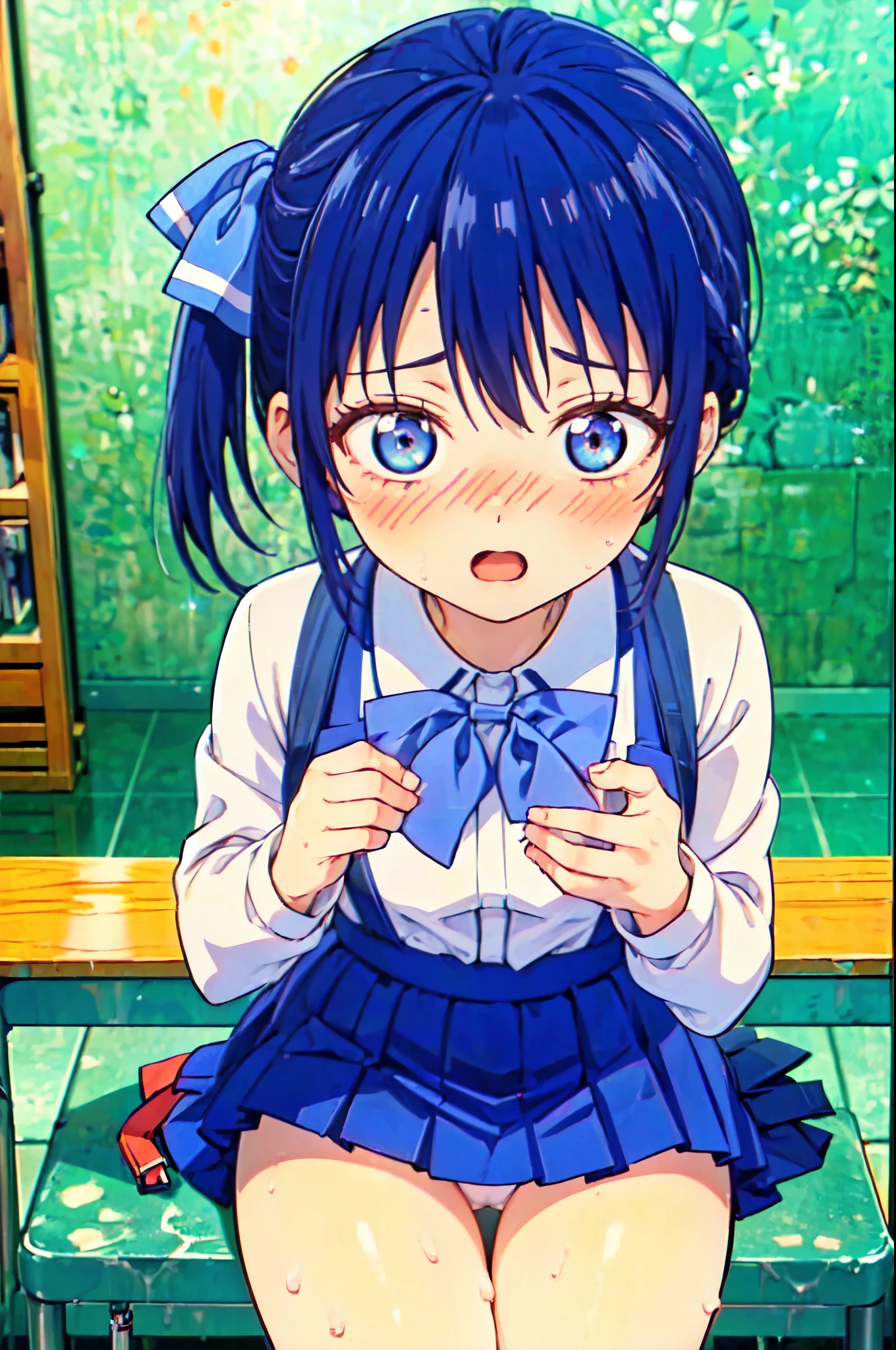 ((((masterpiece、Highest quality、High resolution)、anime)))、Navy Blue Hair、Big breasted beautiful、(Dynamic pose)、looking at the camera、(Beautiful detailed face、Beautiful big eyes)、((One beautiful person))、Good sensitivity、((Sexy pose))、((Embarrassed face))、Red cheeks、Open Mouth、Wearing a school uniform、Sitting at a desk in a classroom at school、Wear a blue skirt、White panties are visible