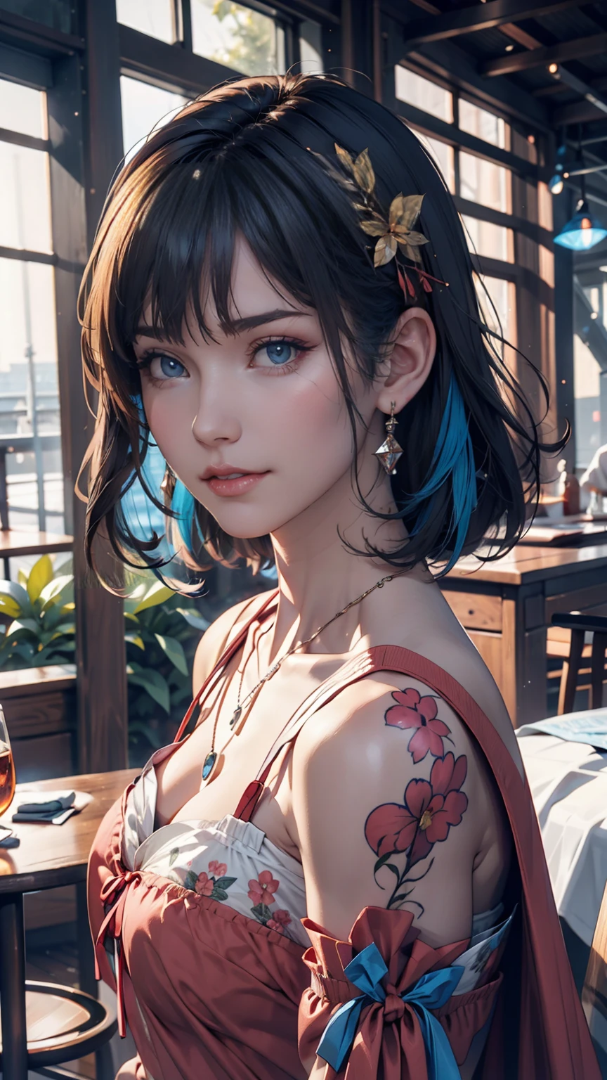 masterpiece, 最high quality, high quality, Very detailed CG uniform 8k wallpaper, One person, alone, Blue Hair, tattoo, short hair, Have, jewelry, smile, necklace, Looking at the audience, Have, Realistic, Upper Body, Best, nose, Exposing shoulders, artist name, Black tiara, clavicle, arm tattoo, blue eyes, lips, Blurry, oil, Award-winning photography, Bokeh, Depth of written boundary, High resolution, bloom, chromatic aberration, realism, Very detailed, artステーション 複雑, Attention to detail, dramatic, art:midjourney