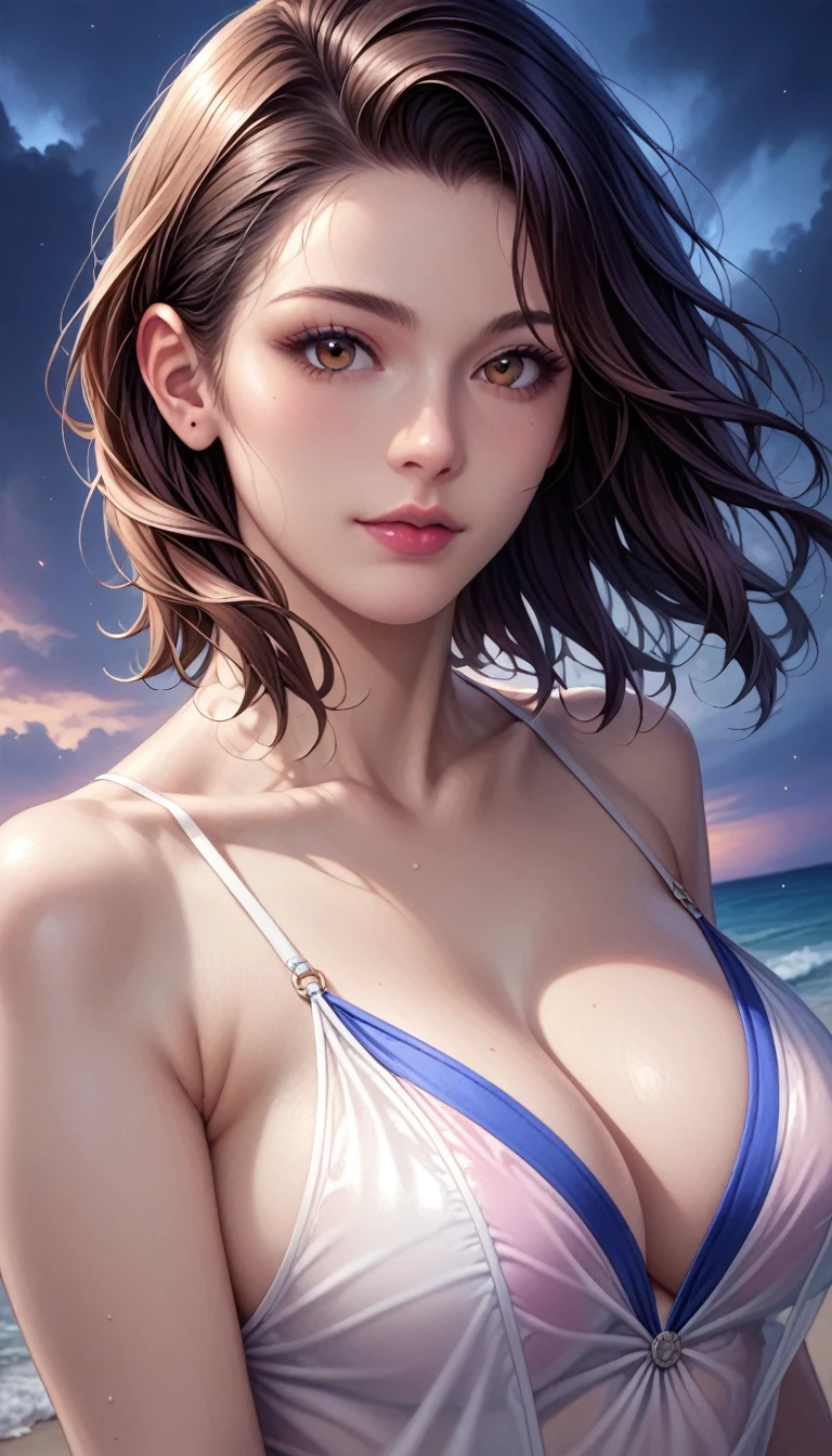 score_9, score_8_superior, score_7_superior, High resolution 3D anime style,A masterpiece in 32K resolution,Highest quality,it is really amazing,Very detailed,Ultra-high resolution,Ultra-realistic,Realistic,Increased depth of field,Cinematic lighting,
(Sexy mature Japan woman:1.2),
(black straight medium hair:1.1),(Ultra-detailed and beautiful face:1.1),(Calm and gentle look:1.1),Beautiful brown eyes,Translucent white skin,Realistic skin texture,Great proportions,
Elegant swimwear,
Summery design,Chic color scheme,Beautiful and delicate decoration,Detailed fabric texture,
(Dark overcast sky on a dull night:1.1),(Dark clouds filling the sky:1),(Thundercloud:1),Coastline at night,Stormy seas,(delay々A desolate sandy beach that continues:1),
(dramatic:1.1),(High angle:1.1),