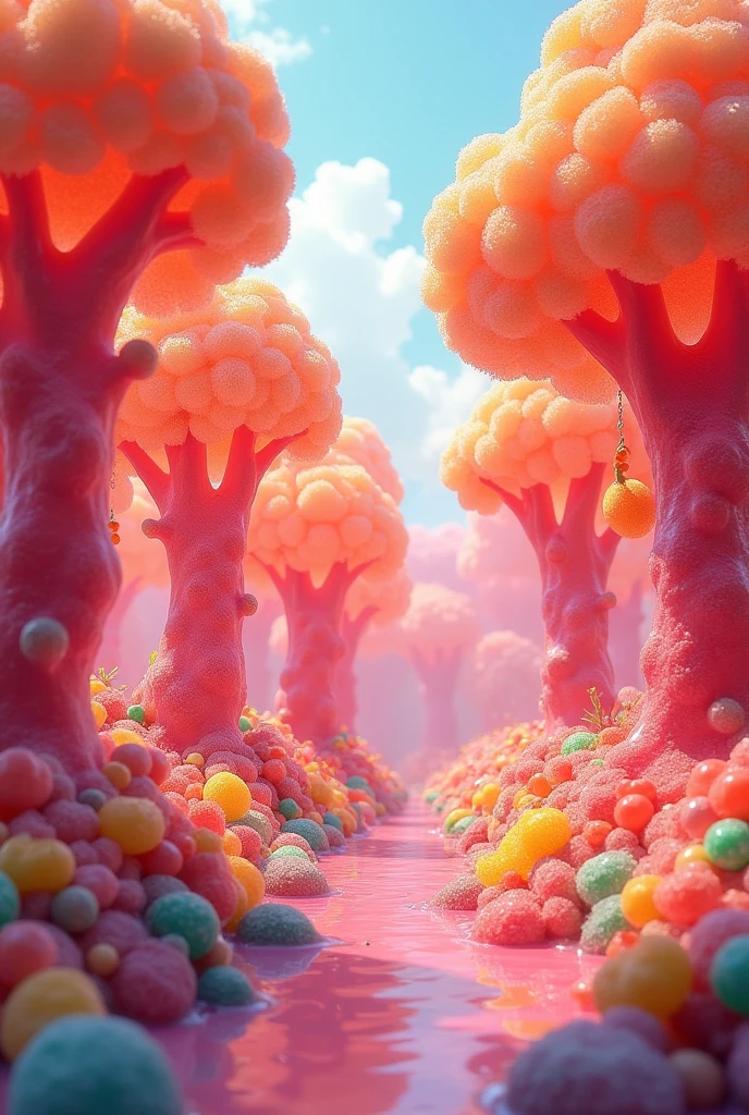 please generate agummy candy land, que sea un bosque de arboles de gomitas y asi