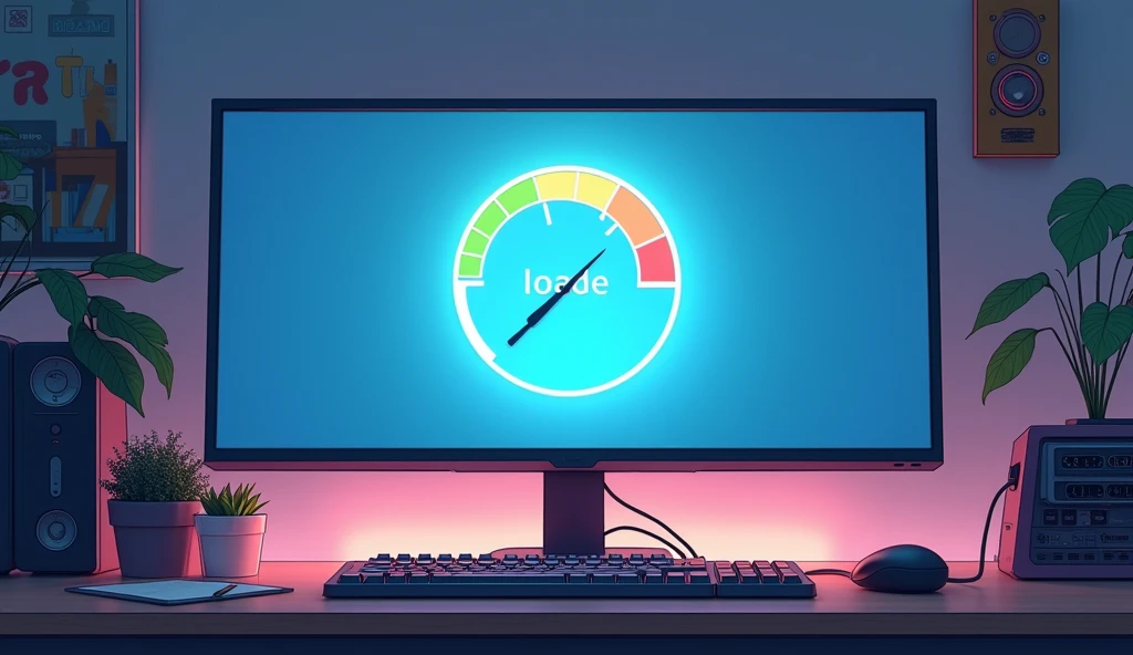 Wide computer monitor,「Now loading...」Character,Load gauge,UP LOADのボタン, Cute mouse pointer,Anime Style, Shooting from the side