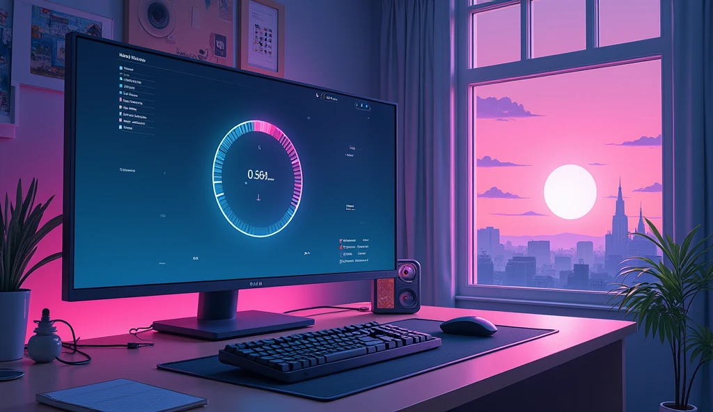 Wide computer monitor,「Now loading...」Character,Load gauge,UP LOADのボタン, Cute mouse pointer,Anime Style, Shooting from the side