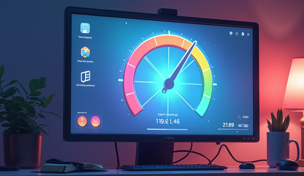 Wide computer monitor,「Now loading...」Character,Load gauge,UP LOADのボタン, Cute mouse pointer,Anime Style, Shooting from the side