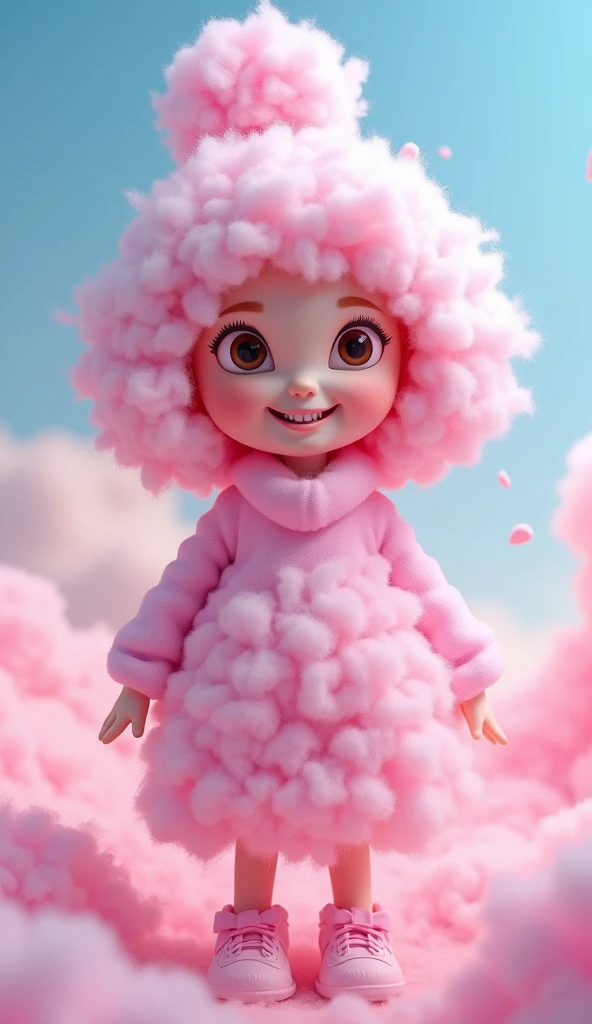 Make me a picture of an animated girl made of cotton candy , pixar, 3d render, 3d max, blender