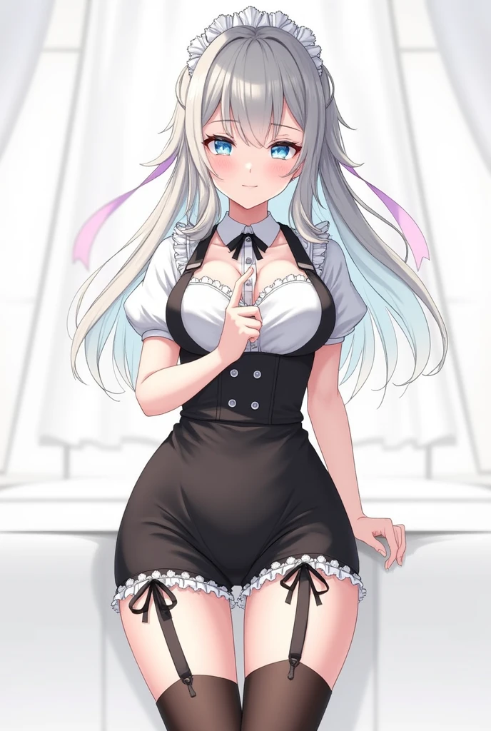 Light smile, 8K, Best quality, white long hair,black pantyhose,bunny girl clothes.