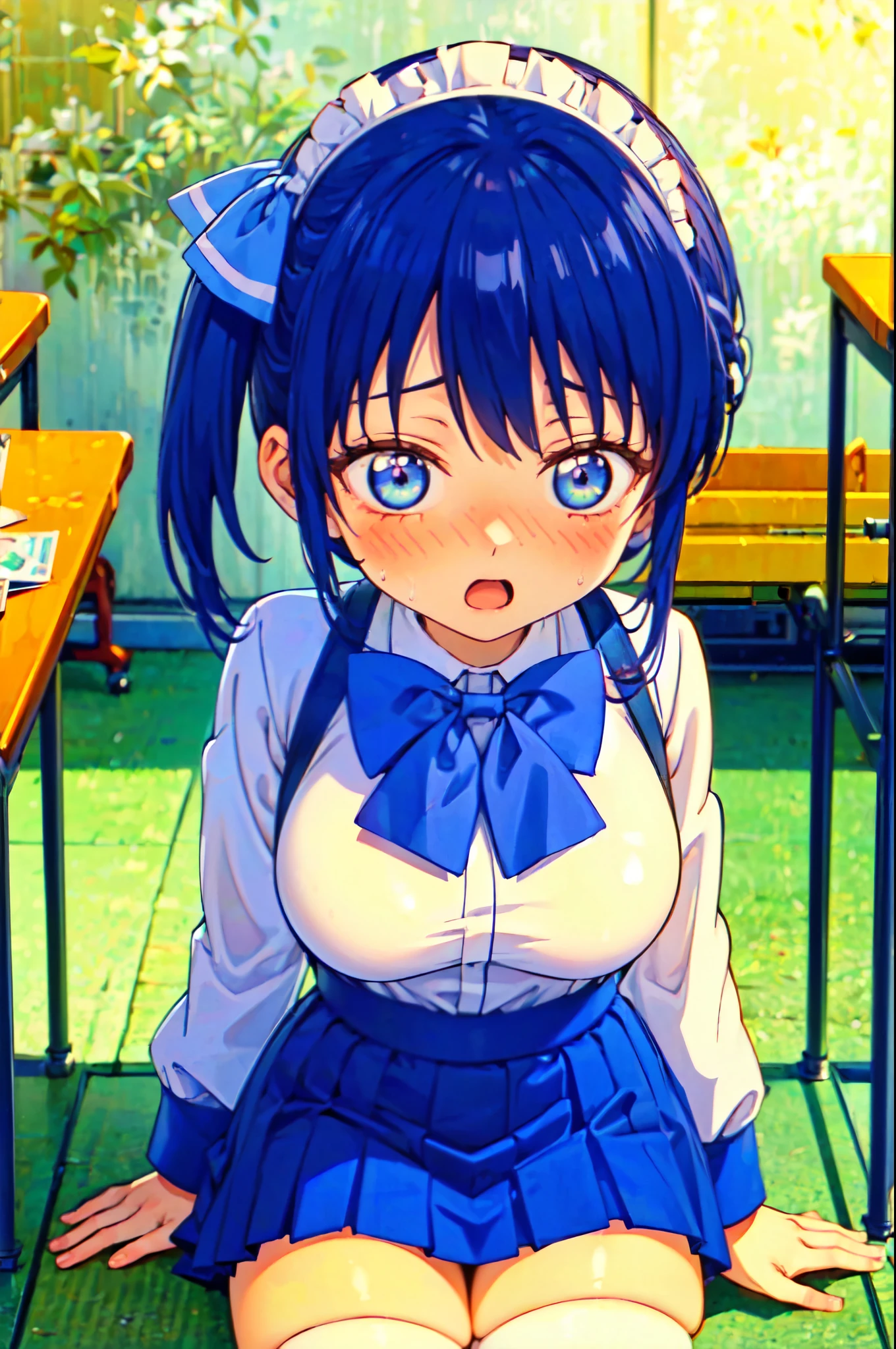 ((((masterpiece、Highest quality、High resolution)、anime)))、Navy Blue Hair、Big breasted beautiful、(Dynamic pose)、looking at the camera、(Beautiful detailed face、Beautiful big eyes)、((One beautiful person))、Good sensitivity、((Sexy pose))、((Embarrassed face))、Red cheeks、Open Mouth、Wearing a school uniform、Sitting at a desk in a classroom at school、Wear a blue skirt、White panties are visible