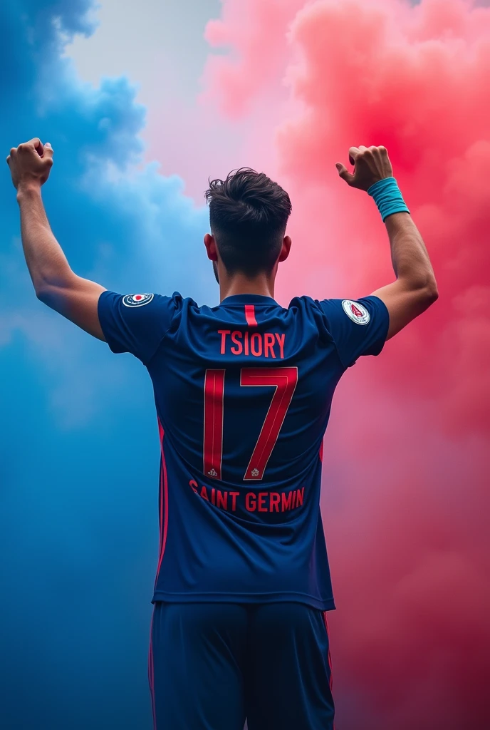 Un jeunnne homme qui porte le maillot de Paris saint germain anomme "TSIORY" au dos,numero 17 celebrée avec des mains elevée puis il y a des fummes bleus et rouge au devant