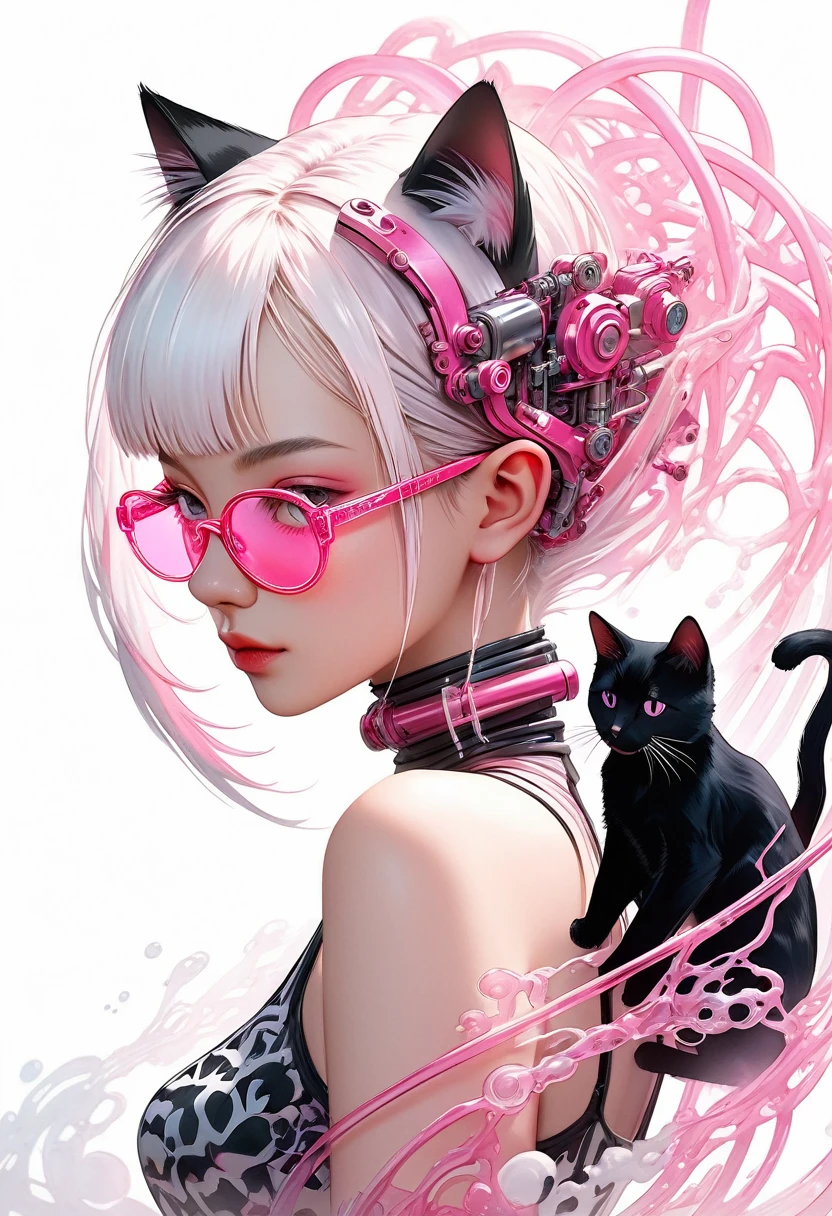 intricate illustration in imaginative and cyberpunk surrealist art style, bust of a translucent White short hair and (black cat ears) ether machine girl from a transparent large culture tank, She wears beautiful, (angular pink glasses:1.2), and has fluffy white fur growing from behind her cat ears.pink and white mechanical body, pink tubes resembling blood vessels connected to neck and back, clear pink culture solution in the tank up to shoulders, tube connected to an external machine, girl with eyes closed looking down,Stylish watercolor pink pattern on white background, brush blur effect,( high quality, high precision, 4k, 8k:1.5), ultra detailed.Physically Based Rendering,Ultra-fine painting,Cinematic lighting, sharp focus, vivid color, professional shooting resolution,Award-winning
