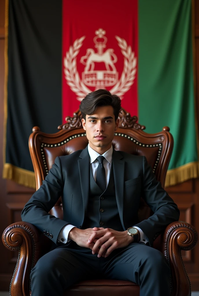 Make me a picture of a handsome 18-year-old sitting on a nice chair and on the back wall is an Afghan State flag with the inscription Azizullah Mudassar. 