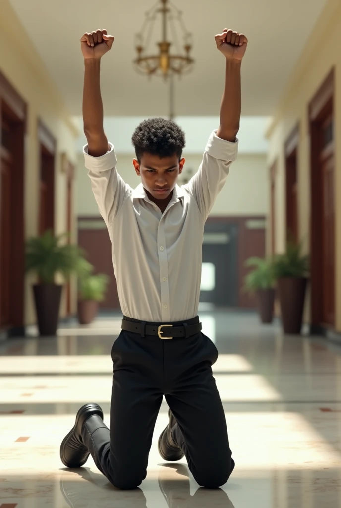 One 19 year old indian school boy wearing white shirt long sleeve black trousers abd and black belt and shoes is made to kneel down with hands straight high up in the school lobby 