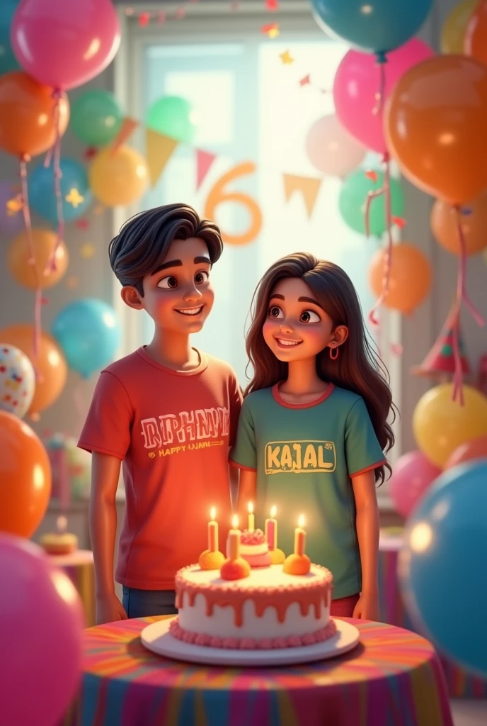 A 16 year boy celebrating it's birthday his name is rishab who is handsome with cake and lots of balloons and decoration with her sister .name of the boy is written on tshirt as "Rishab" as well as on sister's tshirt as "Kajal".