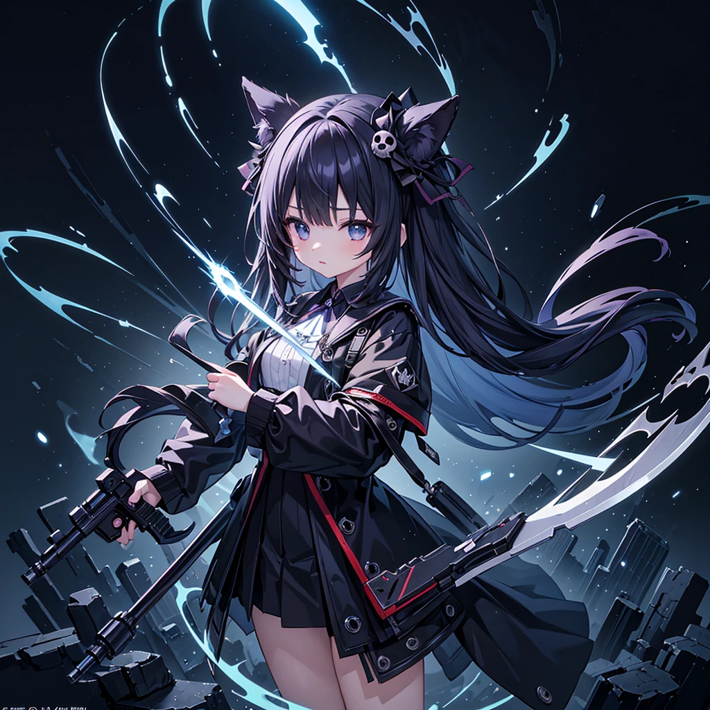 1girl,(((Highest quality、Masterpiece、Official Art、The best dynamic composition、Super detailed)))、Anime Style、Perfect physique、The coolest pose、Cute Grim Reaper、Death&#39;s scythe is red and black、Detailed engraving、Black hooded cloak、Super huge、detailed、In the middle of swinging down a scythe with both hands、Red spider lily background、