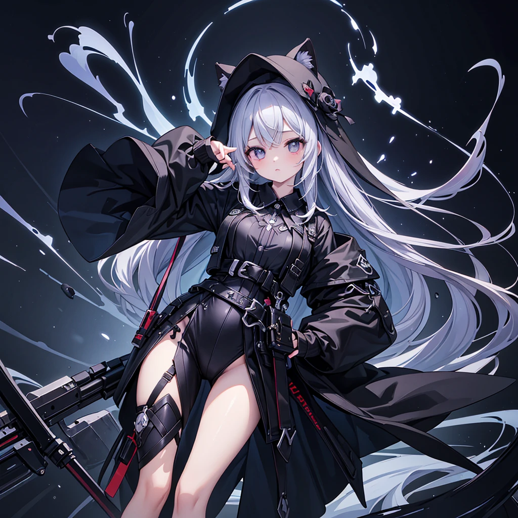 1girl,(((Highest quality、Masterpiece、Official Art、The best dynamic composition、Super detailed)))、Anime Style、Perfect physique、The coolest pose、Cute Grim Reaper、Death&#39;s scythe is red and black、Detailed engraving、Black hooded cloak、Super huge、detailed、In the middle of swinging down a scythe with both hands、Red spider lily background、