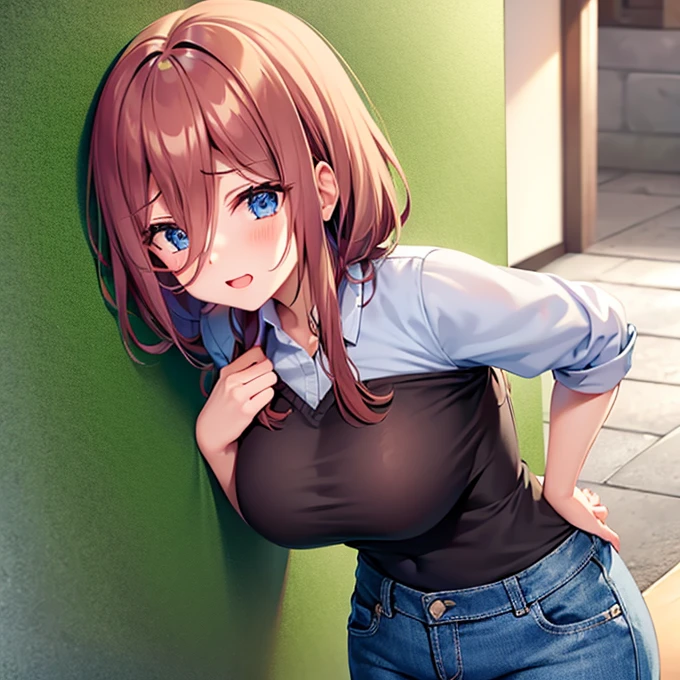 shy, blushing, good, big boobs, exposed breasts, breast groped by man, insulted from behind, big boobs, one man, one woman, man groping woman’s breasts, prank, faceless man, schoolgirl outfit, breasts grabbed from behind, shirt pulled up