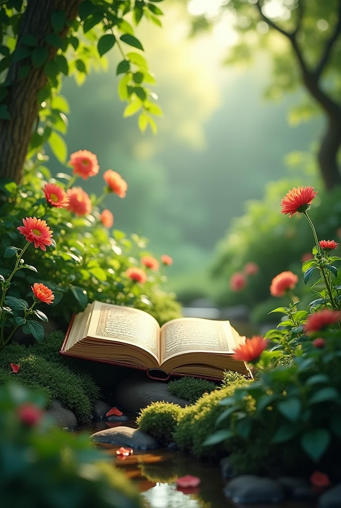 Write"agar son liya to sukoon miliga"with the quran book the book in the garden